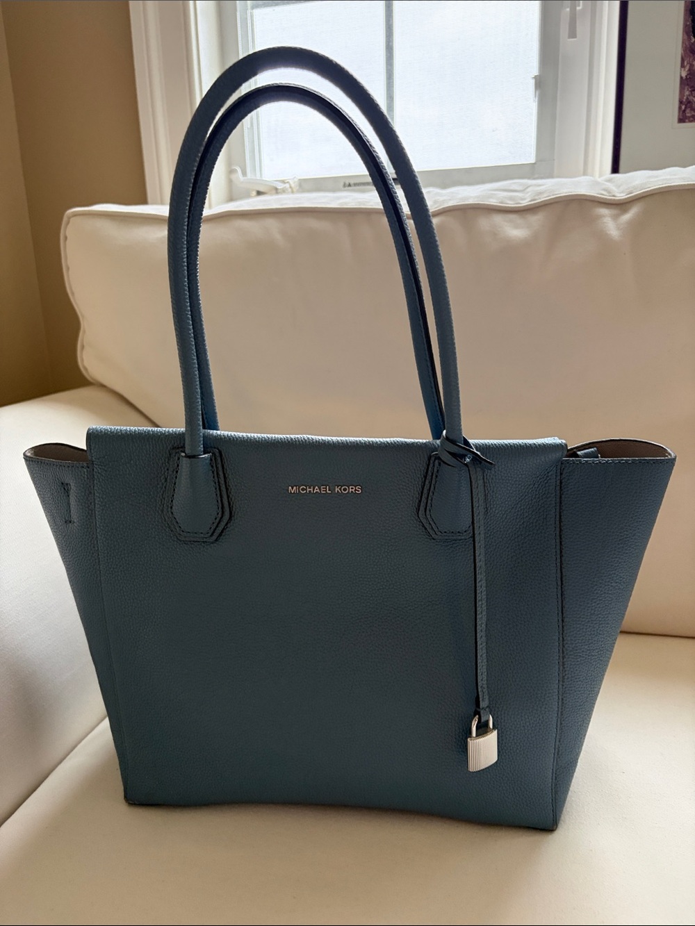 Michael Kors Teal Blue Pebbled Leather Tote with Silver Hardware